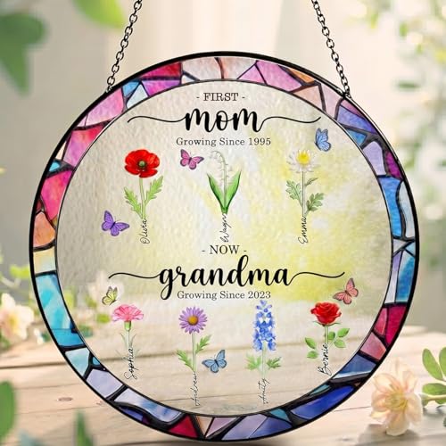 Personalized First Mom Now Grandma Stained Glass Suncatcher with Grandchildren Names and Birth Flowers Custom Stained Glass Suncatcher for Grandma Nana Window Hanging Decor