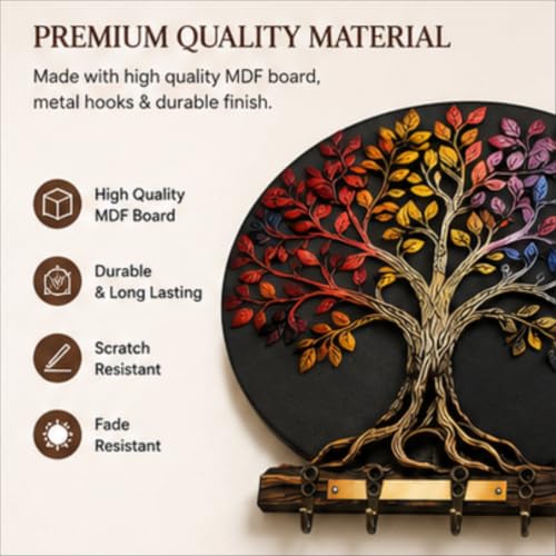 Image of Tree of Life Wooden Key Holder for Wall | Multicolor Decorative Key Rack with 6 Hooks | Stylish MDF Key Organizer for Home Entrance, Living Room, Office & Housewarming Gift