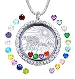 Veeshy Mama Bear Necklace with Two 2 Cubs Necklace for Women, Floating Locket Pendant with 24 Birthstones & Charms for Mummy Mother Family Mom Grandma