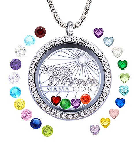 Veeshy Mama Bear Necklace with 2 Cubs 24 Birthstones DIY Floating Locket