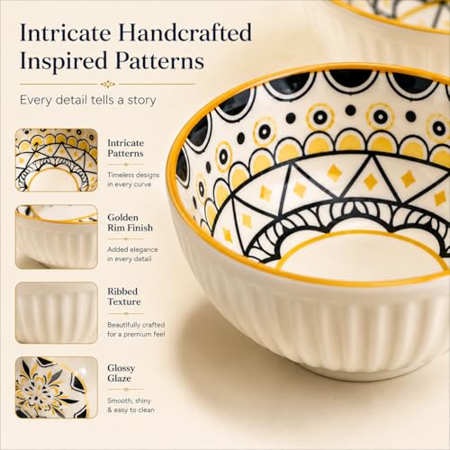 Image of Japanese Style Ceramic Bowl Set of 6 with Gift Box | 300ml Snack Dessert Soup Bowls, Ribbed White Bowls with Handcrafted Patterns, Microwave & Dishwasher Safe (Golden Eclipse)