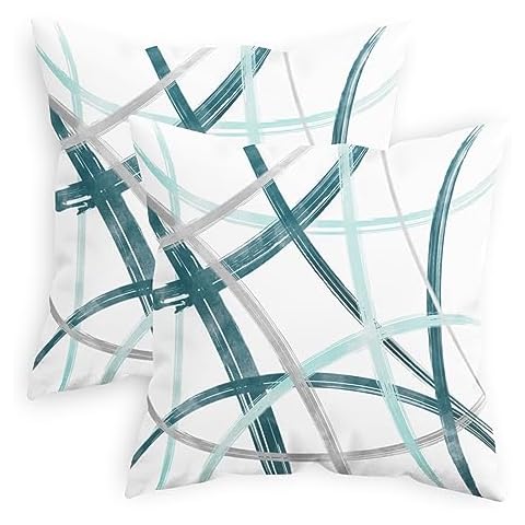 CaliTime Throw Pillow Cases Pack of 2 Cozy Fleece Arc-Shaped Abstract Geometric Lines Decorative Cushion Covers for Couch Bed Sofa Farmhouse Decoration 20 X 20 Inches Teal Turquoise Grey Cover