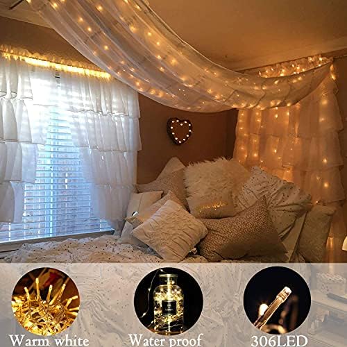 306 LED Curtain Lights Waterproof, 3m x 3m 8 Modes Warm White Window Fairy Lights with Remote Control, Indoor/Outdoor String Lights Plug in for Bedroom, Gazebo, Party, Wedding, Christmas Decorations