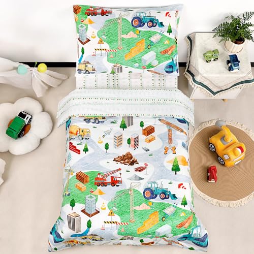 Image of 4 Piece Toddler Bedding Set, Ultra Soft and Breathable Toddler Comforter Sets for Boys Includes Quilted Comforter, Fitted Sheet, Flat Sheet and Pillowcase, Vehicles