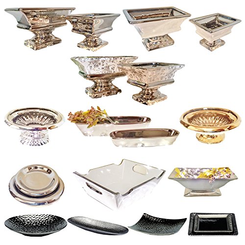 DRULINE 2er-Set Dekoschale Silber Obstschale modern Keramikschale Tisch-Deko Silber Hochzeitsdeko Silberschale Gebäckschale Obstteller Früchteschale Dekoschalen silberne Schalen Keramik Deko Tablett