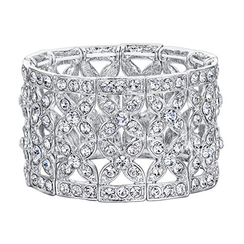 EVER FAITH Women's Austrian Crystal Wedding Leaves Flower Hollow-Out Stretch Bracelet Clear Silver-Tone