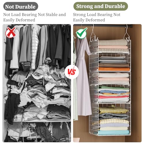 Image of X-cosrack Closet Hanging Organizer and Storage - 5 Tier Hanging Shelves, Wire Closet Shelf Organizer Basket with Adjustable Dividers for Home Clothing Sweaters Shoes Handbags