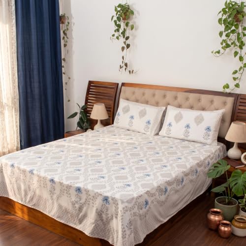 Image of Premium Bedsheet with 2 Pillow Covers I Hand Block I Pure & Soft Percale Cotton I 300 TC I 90x108 inches (King Size Double Bed Bedcover) I Floral Pattern I Blue & Grey