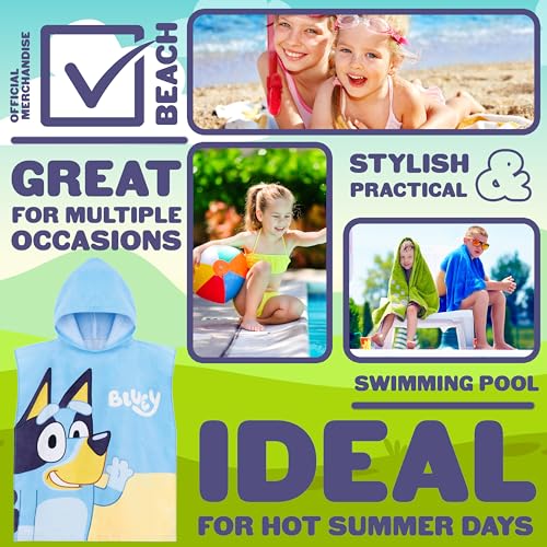 Bluey Towelling Poncho - Hooded Robe for Kids - One Size Cotton Changing Robe - Holiday Beach Poncho, Swimming, Bath (Blue/Orange)4