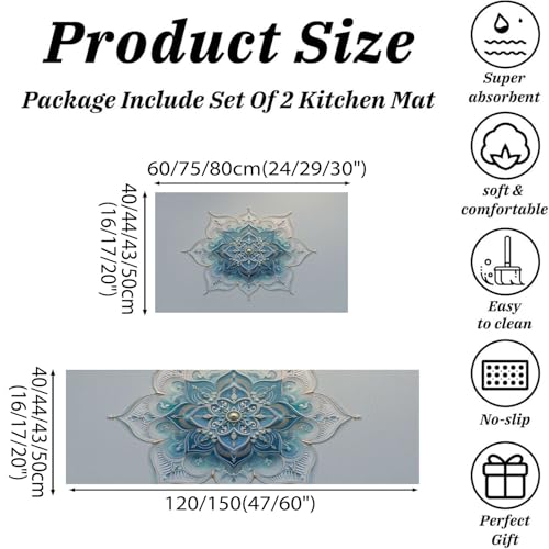 Alfombra de cocina cian con relieve mandala 3D para pasillo 3