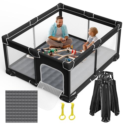 Image of Grobeybees Foldable Baby Playpen with Mat, Large Foldable Playpen for Babies and Toddlers, Folding Portable Kids Play Pen, Collapsible Play Yard with 2 Handles + Suitable Size Mat(Black, 59x71 inches)