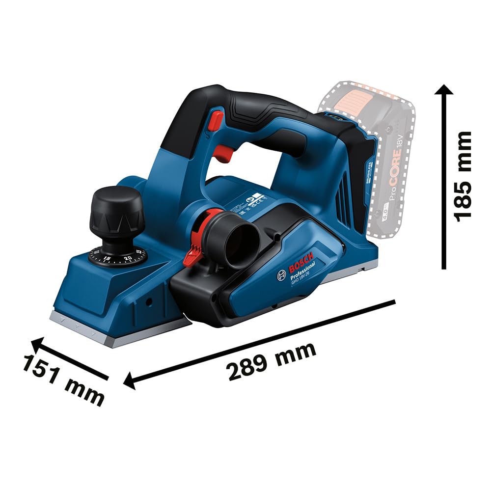 Bosch Professional 18 V GHO 18 V-26 strug akumulatorowy (silnik bezszczotkowy, w zestawie worek na kurz, prowadnica równoległa, 1 x nóż dwustronny Wood Razor, L-BOXX, bez akumulatora/ładowarki)