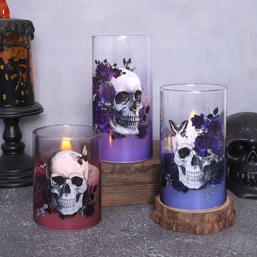 Image of Gothic Skull Flameless Candles Set with Remote Control Timer Function, 3-Piece Horror Theme Halloween Decorative Candles for Home Party Haunted House Horror Theme Halloween Decorations