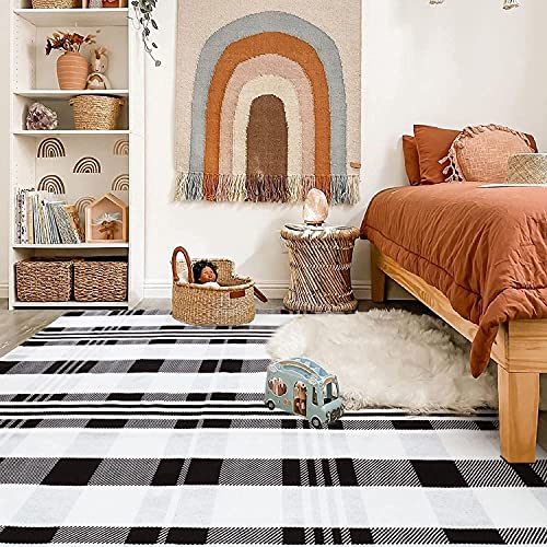 Black Off White Buffalo Plaid Area Rug 4' X 6' Cotton Woven Checkered Rugs Reversible Foldable Washable Indoor Outdoor Rug Doormat Collection Carpet For Farmhouse Room Porch Bedroom Door Stripe Rug #TOP7