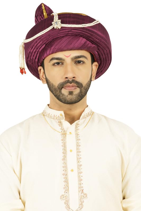 PRIYAKANT SAFAWALA Men's Maharashtra Peshwai Pagdi Topi SafaTurban For Wedding And Traditional Function Use It (Magenta, Size - Free)-picture-37