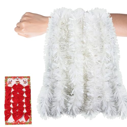 GWAWG Christmas Decorations 10m Thick White Tinsel with 12 Red Bow for Christmas Tree Decoration Trimmable Metallic Garland for Home Stairs Door Decor