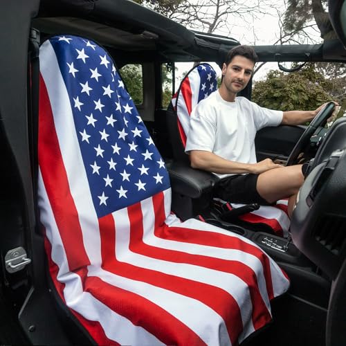 Image of Universal Waterproof Car Seat Covers USA Flag - Automotive Seat Cushion for Sedan SUV Truck Front OR Rear Seats - Anti Slip Car Seat Protector Suit for After Yoga Gym Hiking Running Workout Sport