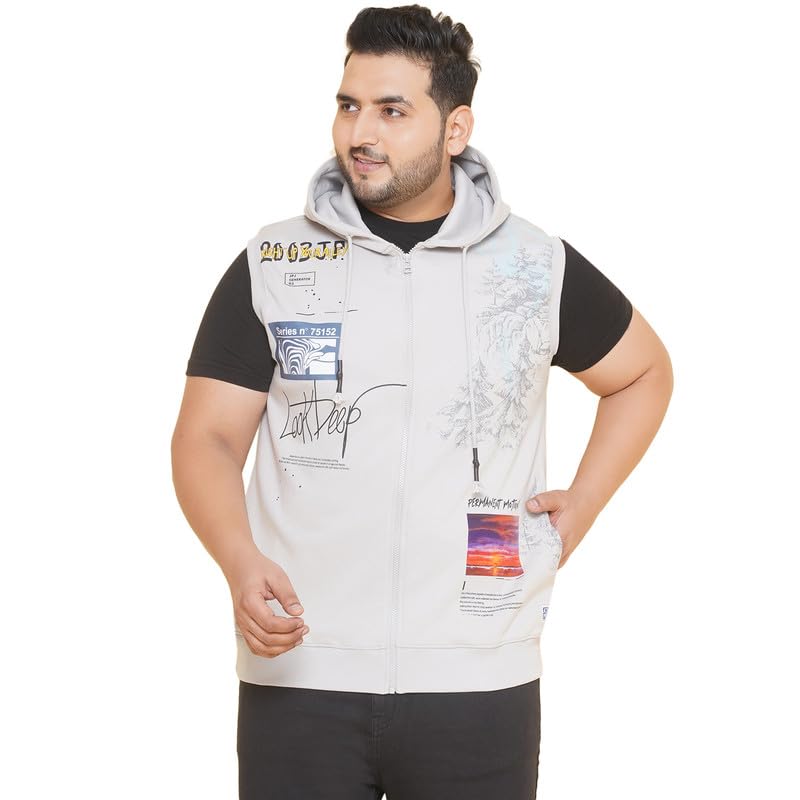 Plus Size Men's Printed Pullover Hooded Grey Cotton Sweatshirt for Men-image-47