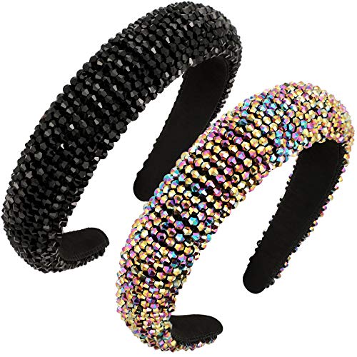 2 Pieces Rhinestone Padded Headband Wide Edge Headwear Crystal Beaded Headband Glitter Hairband Wide Padded Wedding Hair Hoops Hair Accessories for Women Girls Party Supplies (Black, Multi-color)