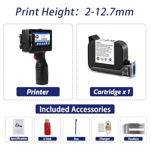 Eurannit Hands trahl drucker E55 mit schnell trocknender W6900K Tinten patrone, tragbare Hand drucker pistole 12.7mm Düse für Seriennummern Logo DIY QRCode Barcodes, Druck auf Karton Kunststoff Metall
