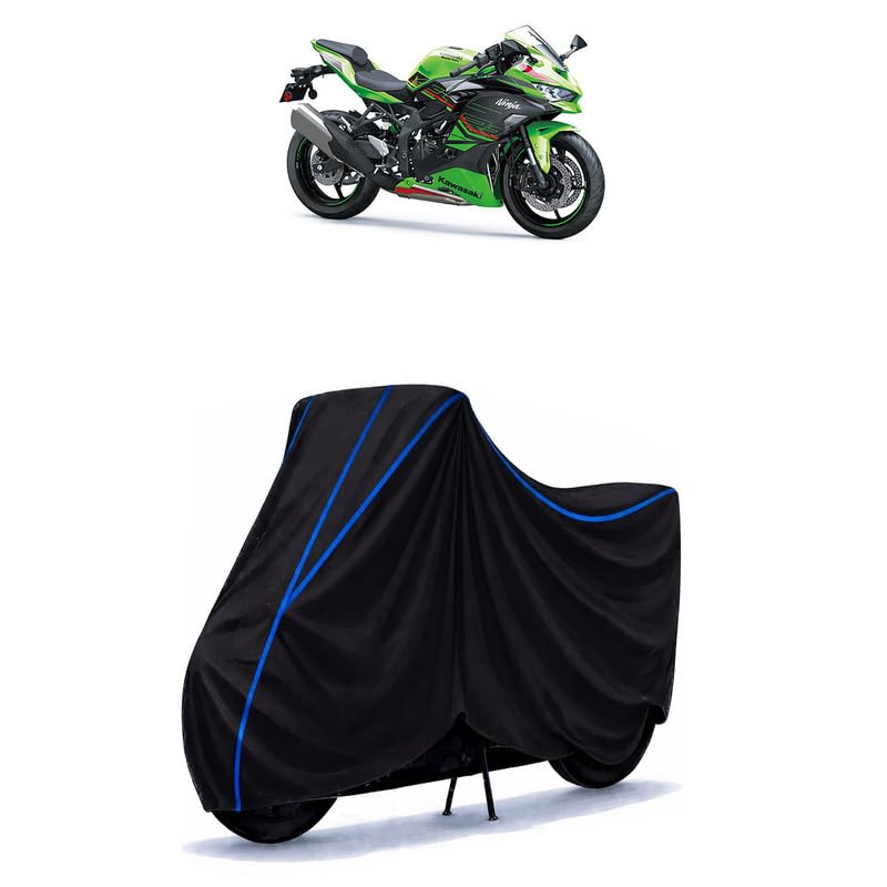 Image of Ninja ZX-4RR Bike Cover Water Resistant Universal Motorcycle Rain | Heavy Duty UV Protection, Dust, Scratch Indoor Outdoor All Weather with Black Blue Piping Elastic
