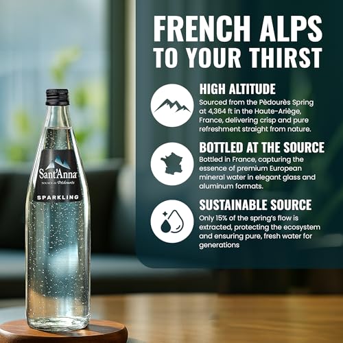 Image of Sant'Anna Sparkling Natural Mineral Water, 11.15 Fl Oz (6-Pack) | Pure French Pyrenees Mountain-Fresh Drinking Water | Natural Functional Drink | Sodium-Free Mineral in Glass Bottles