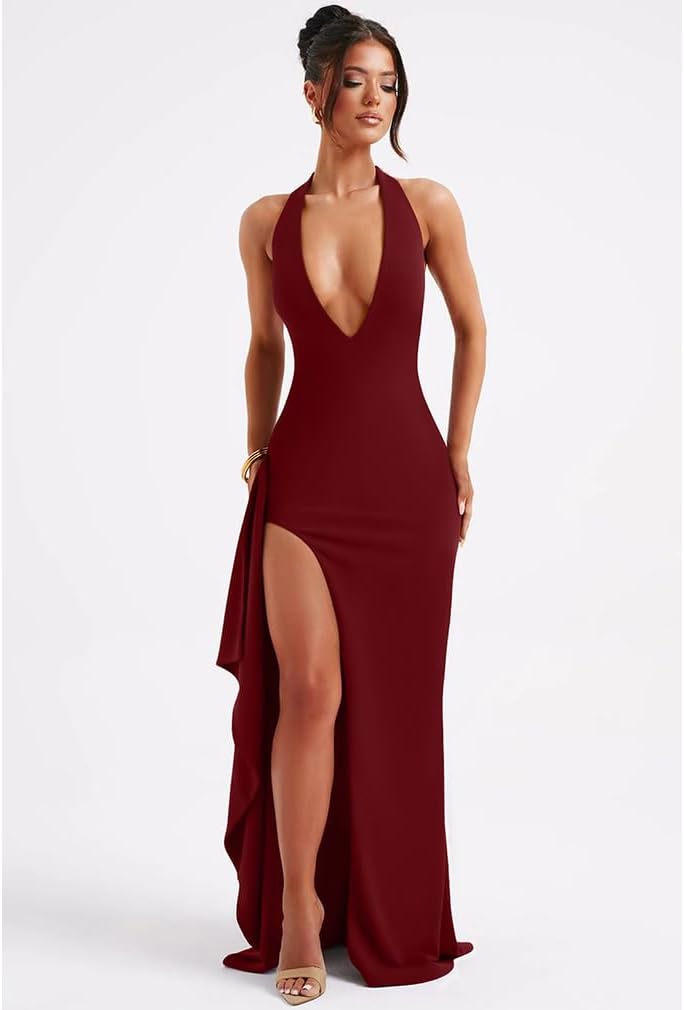 LAGSHIAN Women's Sexy Deep V Neck Halter High Split Backless Cocktail Party Formal Maxi Dress - Image 3