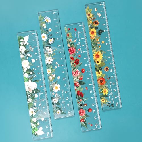 Bruislard 小型定規 4個 かわいいセンチメートルの定規 帝国スケールなし、透明プラスチックフラワー定規、ガーリーメトリック測定定規、6インチストレート定規 製図用 オフィス 学生 新学期ギフト