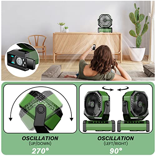 Zmirne Portable Camping Fan With Auto-Oscillating & Remote & Led Light, 20000Mah Rechargeable Battery Powered Fan(60Hrs),Hurricane But Quiet Fan, Anti-Drop And Collision Outdoor Fan For Travel, Green #TOP3
