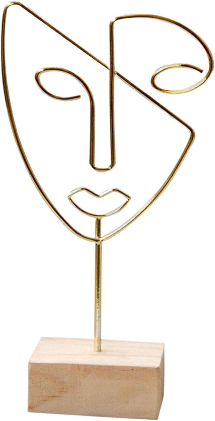ASEELO Escultura abstracta de personajes de línea de hierro forjado, escultura de cara de metal con base de madera, decoración del hogar de oficina, figura de arte de hierro de mesa