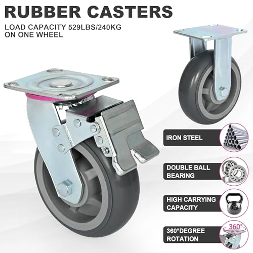 6 inch Caster Wheels, Heavy Duty Casters TPR Rubber Silent Wheels Industrial Locking Rolling Casters 360 Degree Wheels Top Plate Casters for Cart, Furniture, Equipment (2 Swivel and 2 Rigid)