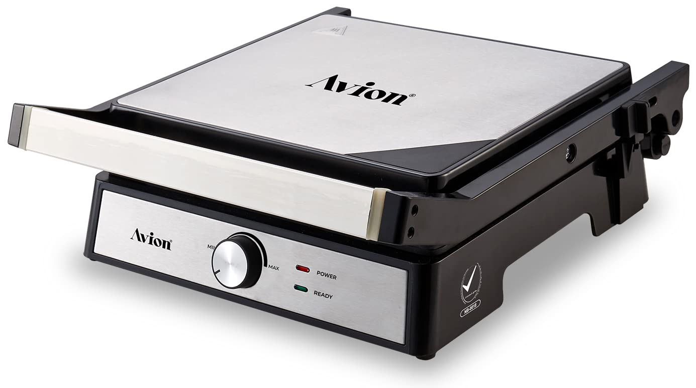 Avion Sandwich press, portable grill & panini maker | 1800-2000W | Easy to clean Non-stick coated heating plates | Stainless Steel | Skid Resistant Feet|AS901H | 2 Yrs Warranty