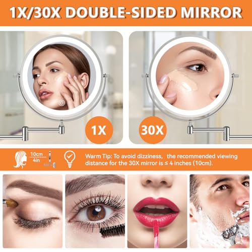 Auxmir Lighted Wall Mounted 30X Magnifying Makeup Mirror, 8" Double-sided 360° Swivel Shaving Mirror with Extendable Arm, 3200mAh Rechargeable Dimmable Mirrors with Tweezer for Bathroom and Hotel - Image 3