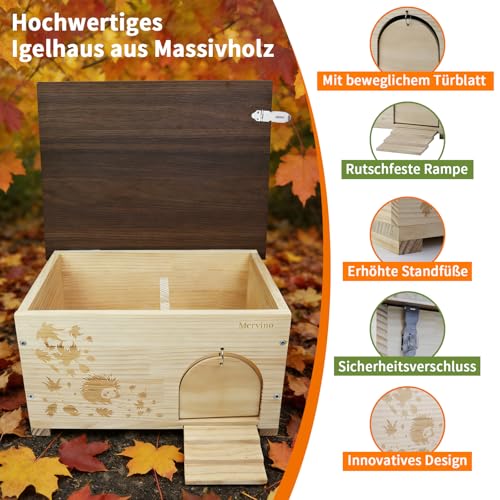 Mervino Igelhaus Holz mit Rattenklappe und Boden - Robustes Igelhotel Winterfest, mit Leiter & wasserdichtem Dach als Gartenunterschlupf für Winterschlaf und Sommeraufenthalt (44x34x24 cm)
