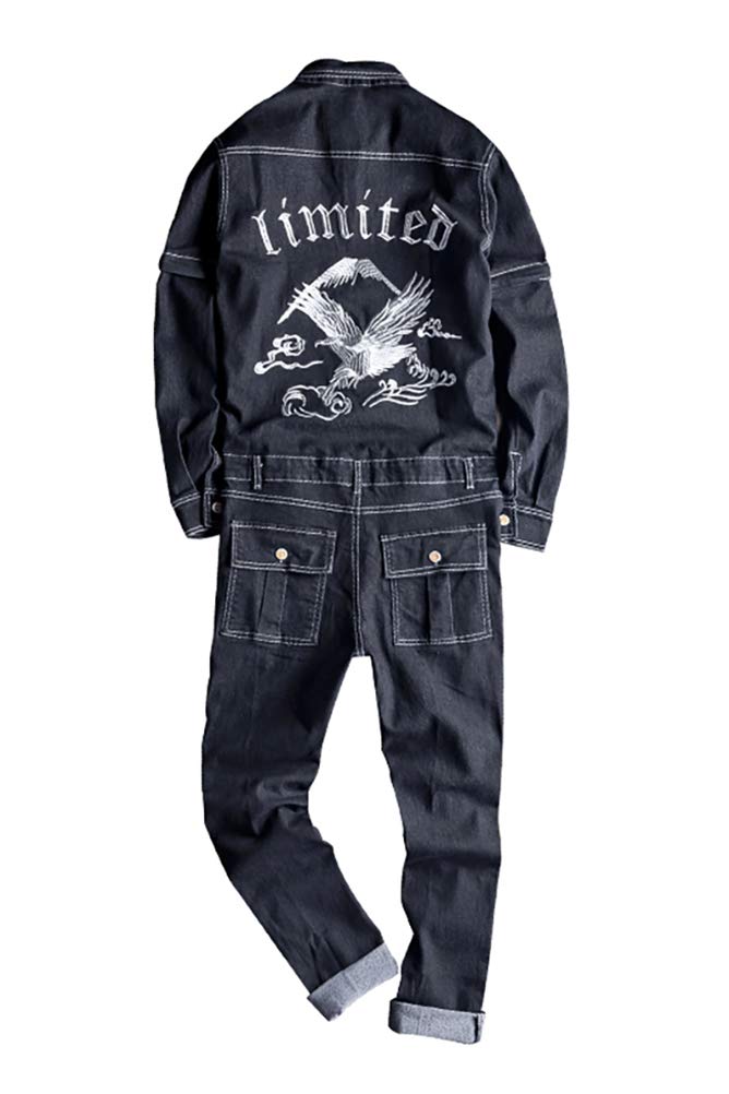 Men's Embroidery Long Detachable Sleeve Black Denim Jumpsuits Size 30