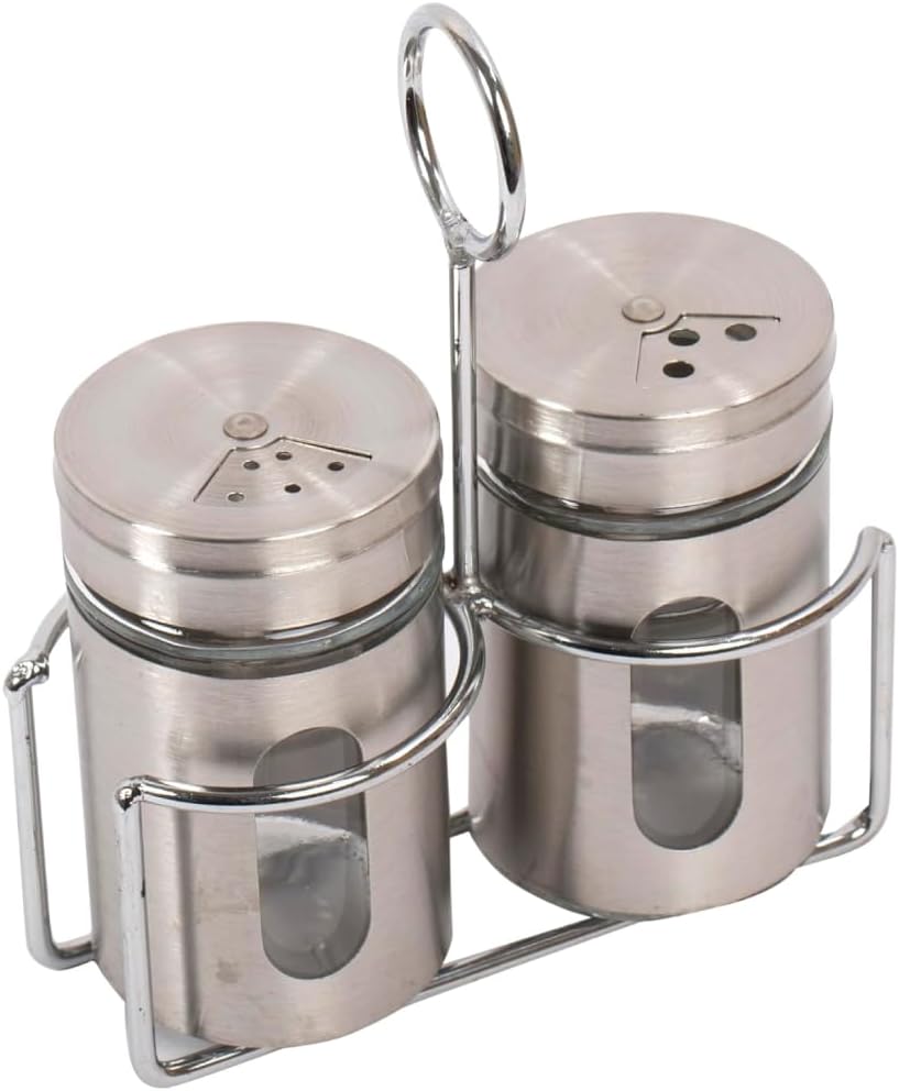 Luciano Housewares Salt and Pepper Shakers Set, Stainless Steel Shakers with Tray, Functional Kitchen Decor and Accessories, Kitchen Essentials, 2-Piece Set, 85 ml, 4.9 x 8.4 cm, Silver