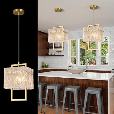 LIANGMH 1-Light Modern Gold Crystal Chandeliers for Dining Room 9.05 inch Water Ripple Glass Chandelier for Kitchen Island Square Farmhouse Dining Room Chandelier Over Table Cover