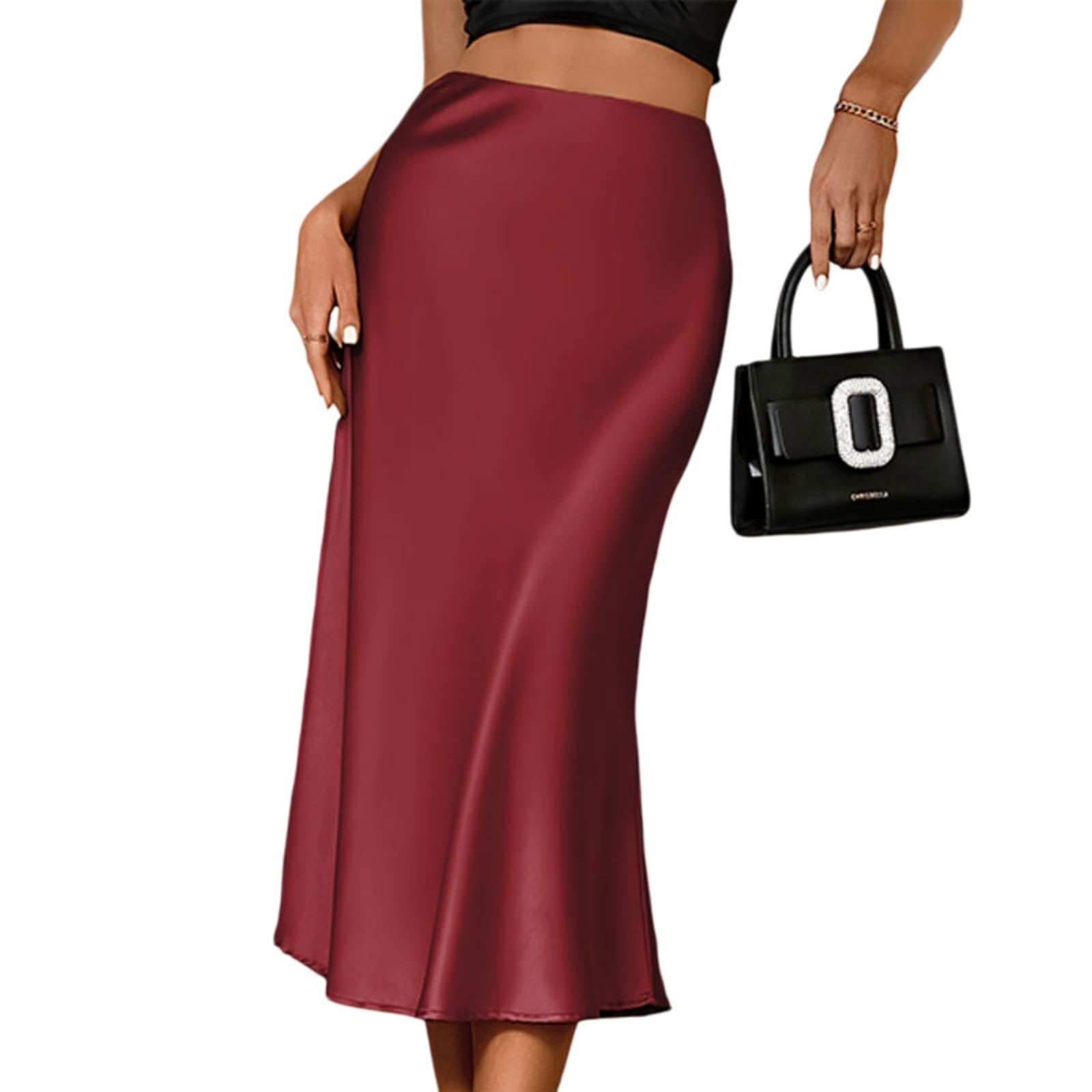 Minifalda Falda Elegante De Las Mujeres Satén Midi Plisado Fluyente A-línea Cintura Alta Elástica Oficina Casual Chic Vestido Moda-ekf068-2-l