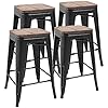 JUMMICO Metal Bar Stools Indoor-Outdoor Stackable Modern Metal Counter Height Industrial Barstools with Wooden Seat Set of 4 (Black)