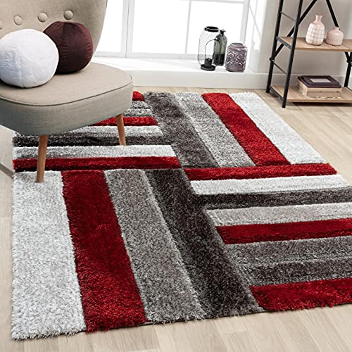 Image of Carpets for Living Room 5 x 7 Feet Soft Smooth Thick Non-Slip Fluffy Shaggy Area Rug for Bedroom, Drawing, Kids Room, Office with Upto 2 Inch Microfiber High Pile (RED Gray A)