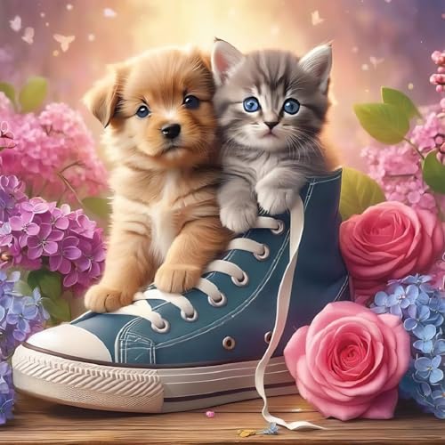 WSLWXSHM Diamond Art Painting Kits for Adults Dog and Cat, Animal Round Full Drill Diamond Art Kits, 5D DIY Paint with Diamonds Crafts for Home Wall Decoration Gifts 12×12Inch, Flower