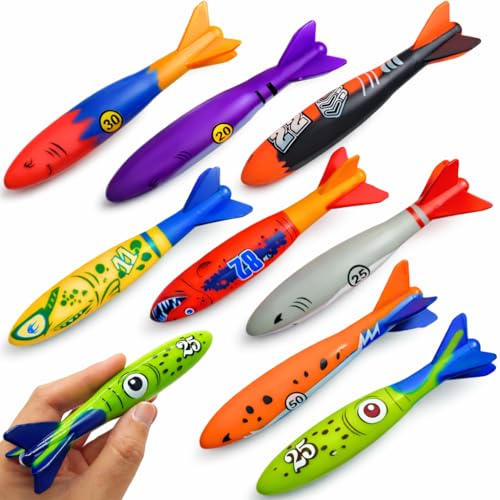 Haktoys Pool Toys Torpedo Diving Set – 8-Pack Dive Torpedos for Kids & Adults | Fast-Sinking Pool Torpedos for Swim Training, Underwater Games & Water Play | Gliding Diving Torpedo Rockets
