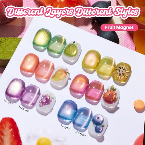 Image of Beetles Fruit Magnet Cat Eye Gel Nail Polish Set - 6 Colors Spring Gel Polish Kit Glitter Cat Eye Pink Purple Blue Yellow Green Magnetic Shine Soak Off UV Salon DIY Manicure Gift for Women