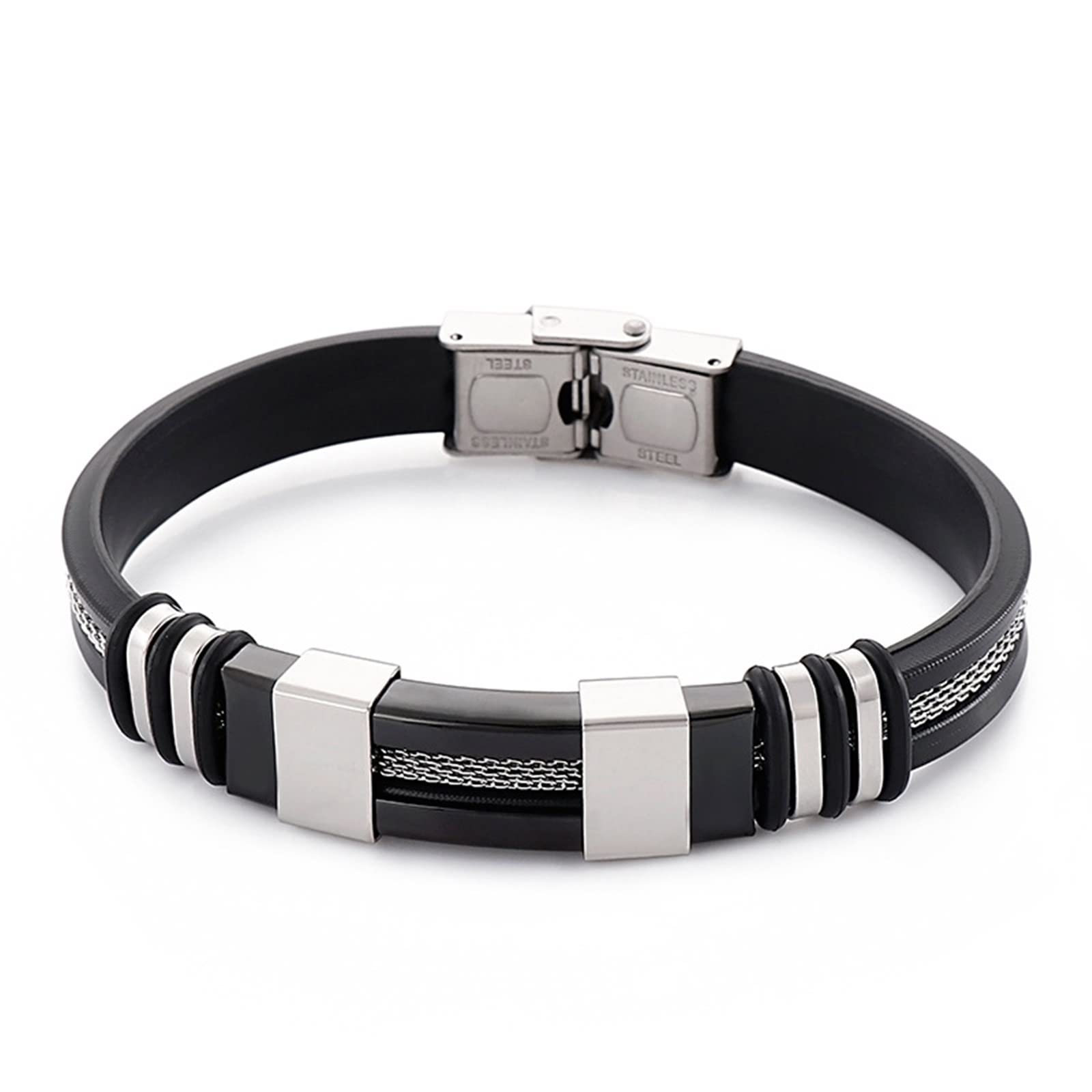 Herren-Kettenarmband aus Edelstahl, Silikonarmbänder für Männer, schwarzes Silikonarmband, 21 cm Länge, Biker-Schmuck für Männer