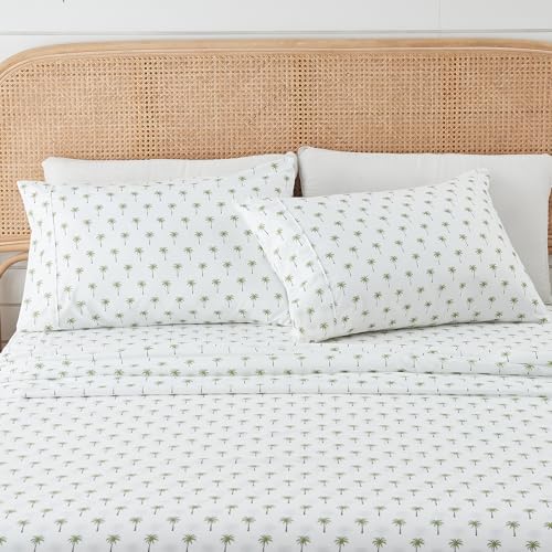 Image of Great Bay Home King Coastal Microfiber Sheet Set - 4-Piece Nautical-Printed, Ultra-Soft Sheets - Beach-Themed Bedding Sheets & Pillowcases (Palm Tree)