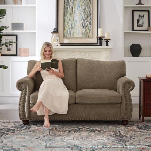 Image of ONBRILL Nailhead Sofa, 66 Inch Small Couch with Rolled Arms, Chenille Fabric Loveseat w /Springs Seat Cushion, Vintage Curved Back, Turned Wood Legs, Comfy Couch for Living Room, Farmhouse, Brown
