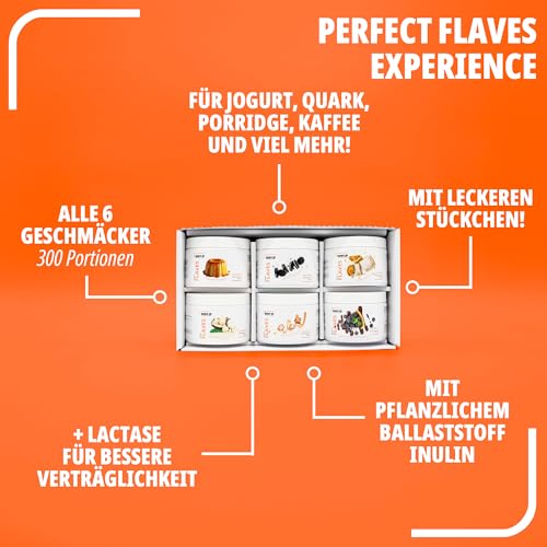 BODY IP Flaves Probierbox – Geschmackspulver Mix zum Testen | Zuckerarm & kalorienreduziert | Für Magerquark, Joghurt, Desserts & mehr | Mit Lactase & echten Stückchen | Intensiver Geschmack & Vielfal
