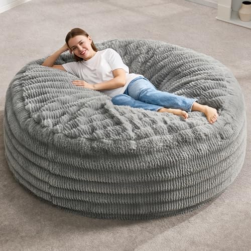 La Mejor Selección de Pufs Top 5. 46 Hobestluk Sillas Puf Sillas Bean Bag con Relleno Puf para Adultos con Cubierta Esponjosa Ondulada, Sillas Puf Gigantes para Adultos (Gris, 5 PIES - 50' x 50' x 24')