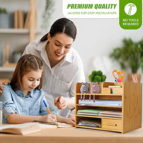 Bamboo Desk Organizer With Drawer Storage , 4-Tiers Desktop Organizer For Document Letter Tray Mail Sorter For Desk With Pen Holder, 9 Storage Compartments For Desk Accessories & Office Supplies #TOP1