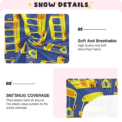 Image of Yellow School Bus Car Crib Sheets Soft Breathable Fitted Baby Crib Sheets Mattress Cover for Girl Boys, 52 inch x 28 inch x 9 inch